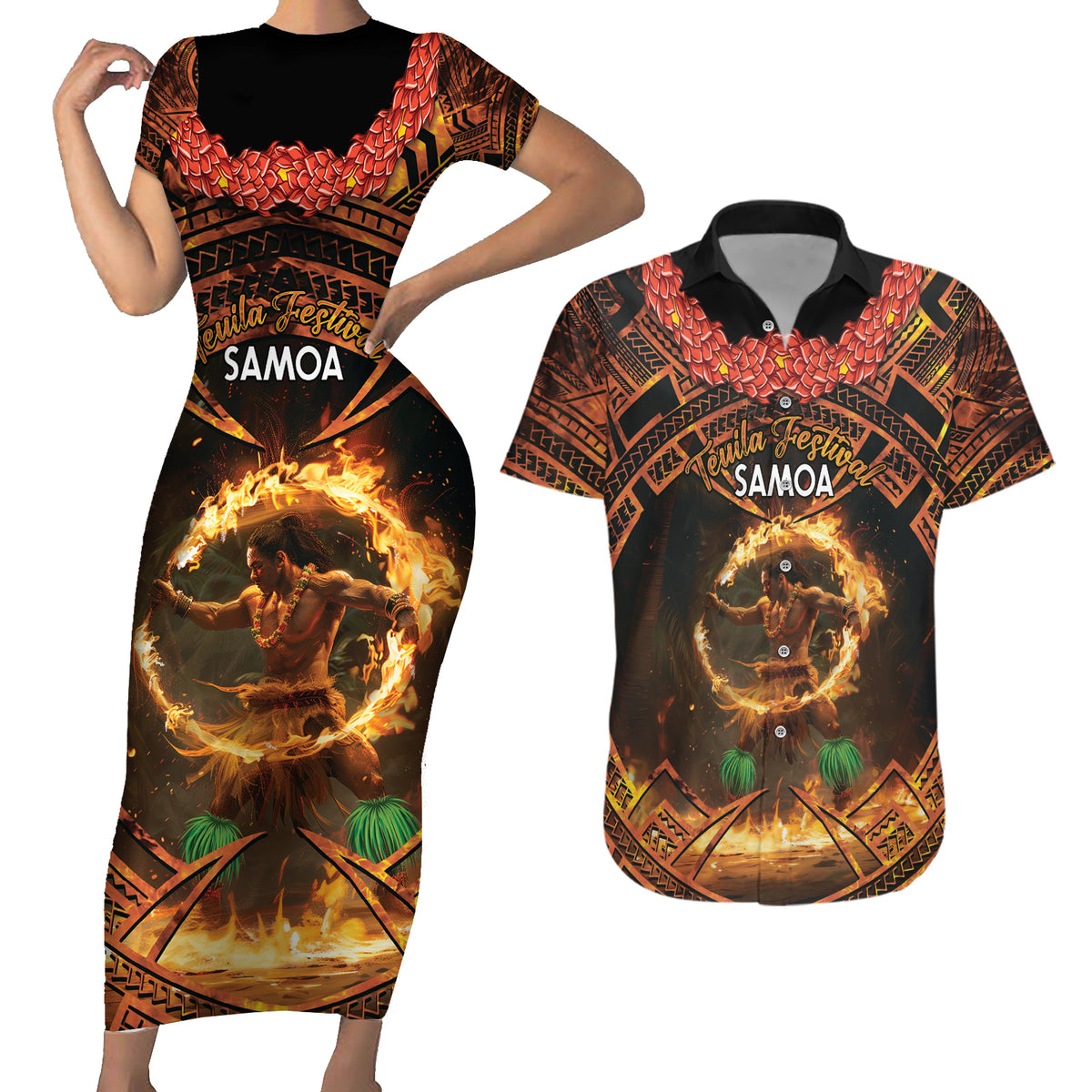 Samoa Teuila 2024 Festival Couples Matching Short Sleeve Bodycon Dress and Hawaiian Shirt Samoan Siva Afi With Red Gingers LT14 Black - Polynesian Pride
