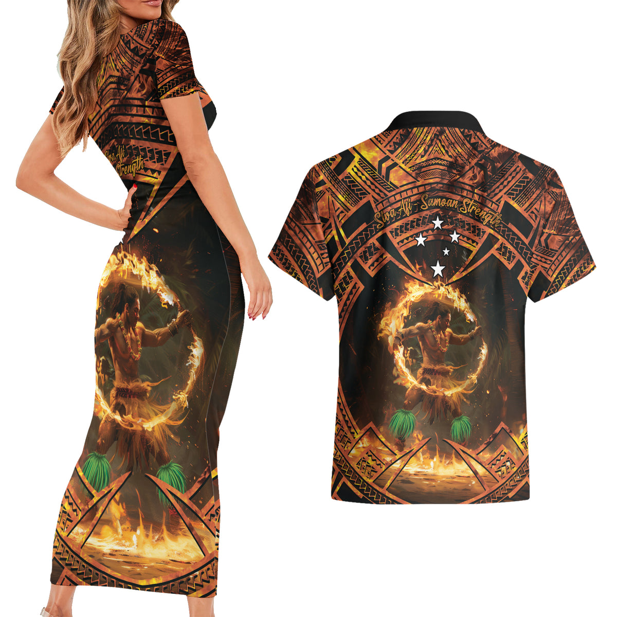 Samoa Teuila 2024 Festival Couples Matching Short Sleeve Bodycon Dress and Hawaiian Shirt Samoan Siva Afi With Red Gingers LT14 - Polynesian Pride