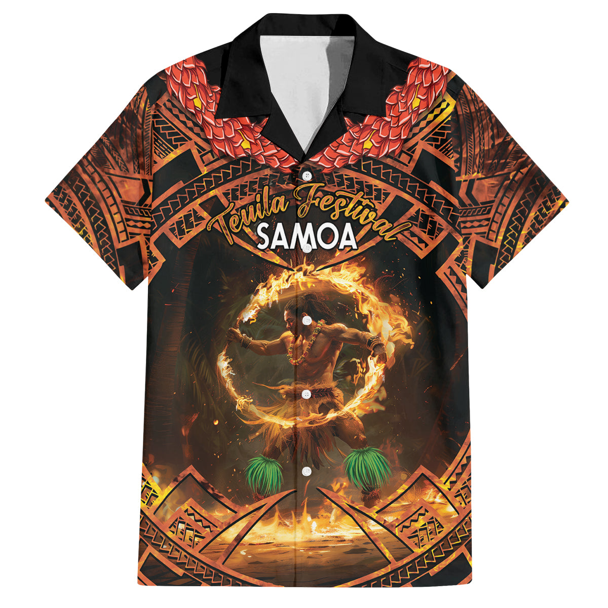 Samoa Teuila 2024 Festival Family Matching Long Sleeve Bodycon Dress and Hawaiian Shirt Samoan Siva Afi With Red Gingers LT14 Dad's Shirt - Short Sleeve Black - Polynesian Pride