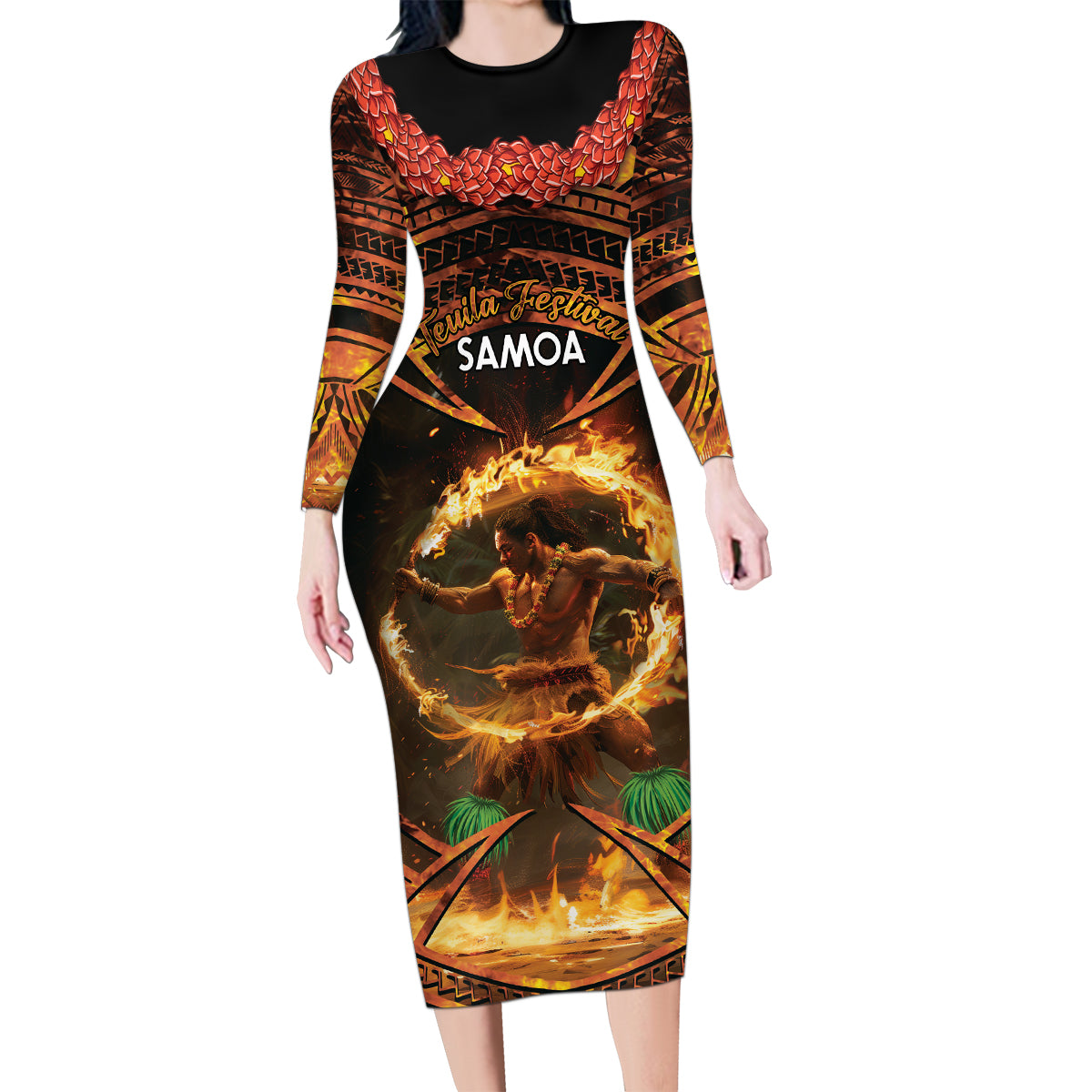 Samoa Teuila 2024 Festival Family Matching Long Sleeve Bodycon Dress and Hawaiian Shirt Samoan Siva Afi With Red Gingers LT14 Mom's Dress Black - Polynesian Pride