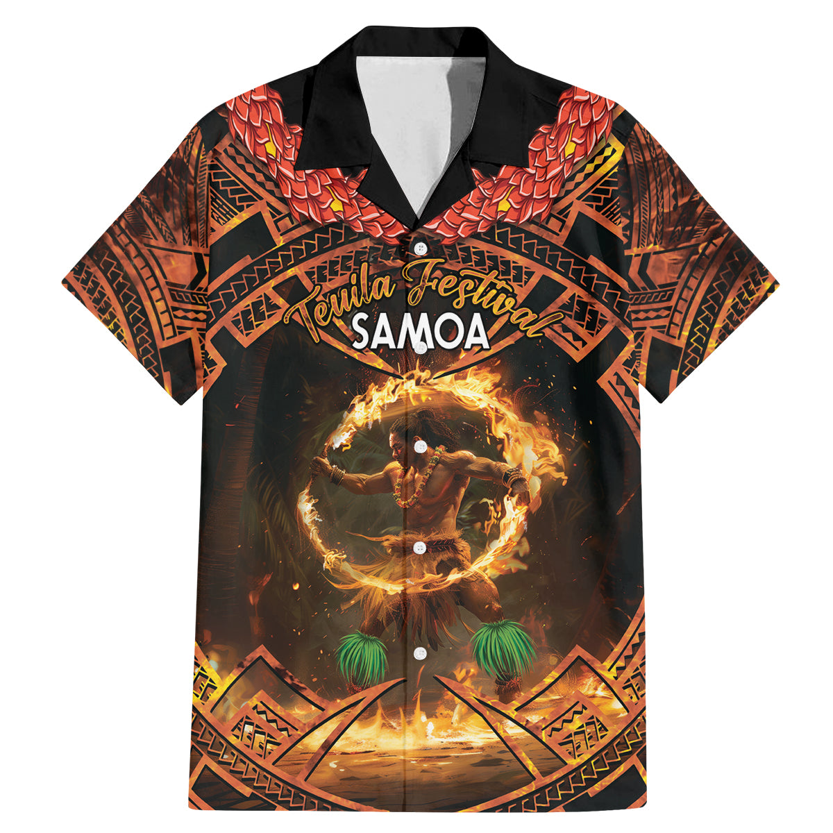 Samoa Teuila 2024 Festival Family Matching Mermaid Dress and Hawaiian Shirt Samoan Siva Afi With Red Gingers LT14 Dad's Shirt - Short Sleeve Black - Polynesian Pride