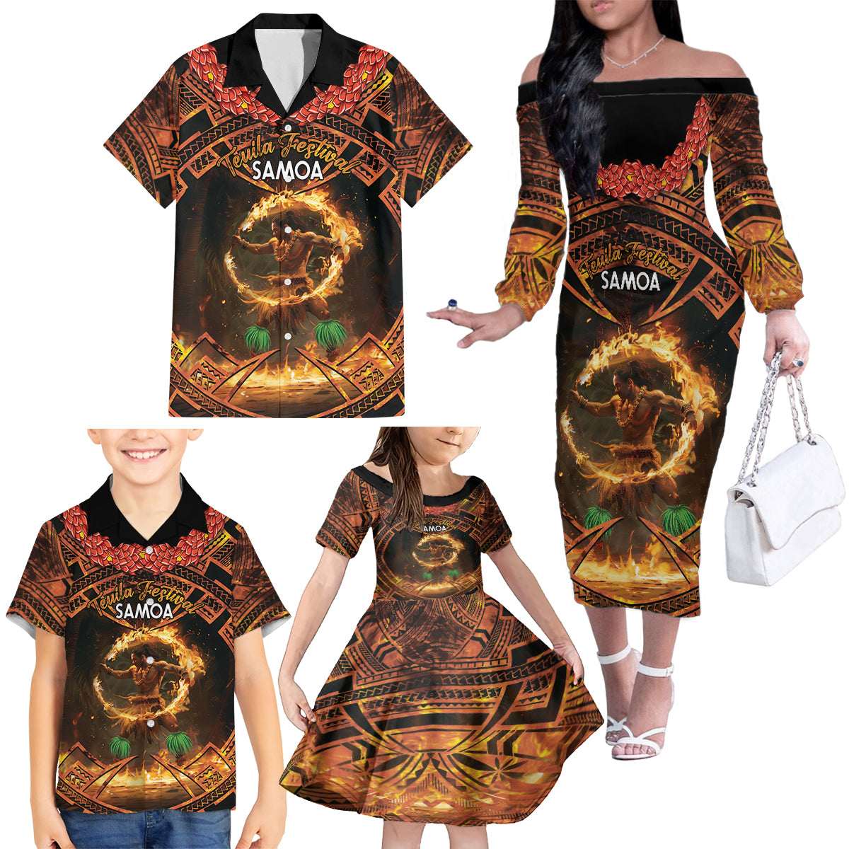 Samoa Teuila 2024 Festival Family Matching Off The Shoulder Long Sleeve Dress and Hawaiian Shirt Samoan Siva Afi With Red Gingers LT14 - Polynesian Pride