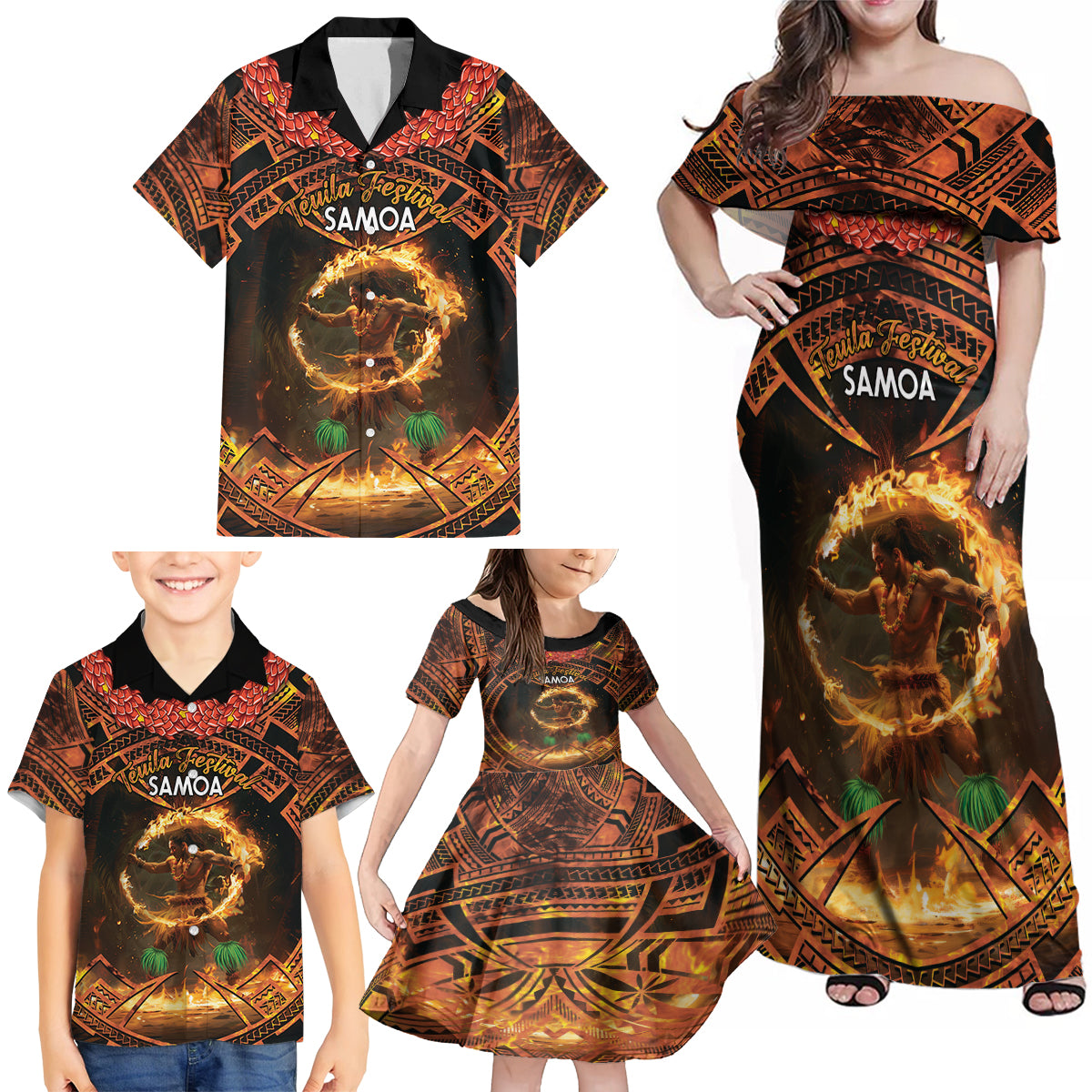 Samoa Teuila 2024 Festival Family Matching Off Shoulder Maxi Dress and Hawaiian Shirt Samoan Siva Afi With Red Gingers LT14 - Polynesian Pride