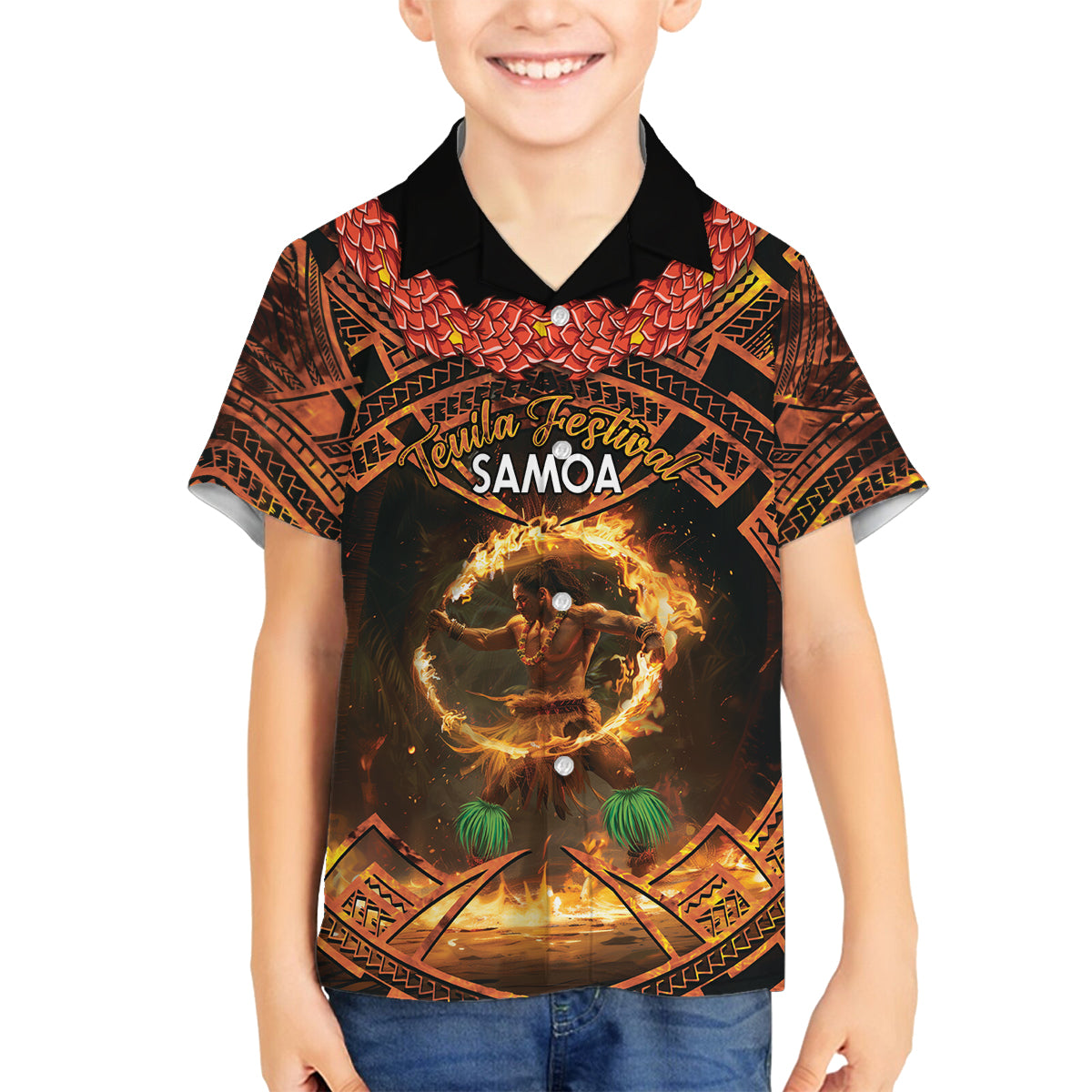 Samoa Teuila 2024 Festival Family Matching Off Shoulder Maxi Dress and Hawaiian Shirt Samoan Siva Afi With Red Gingers LT14 Son's Shirt Black - Polynesian Pride