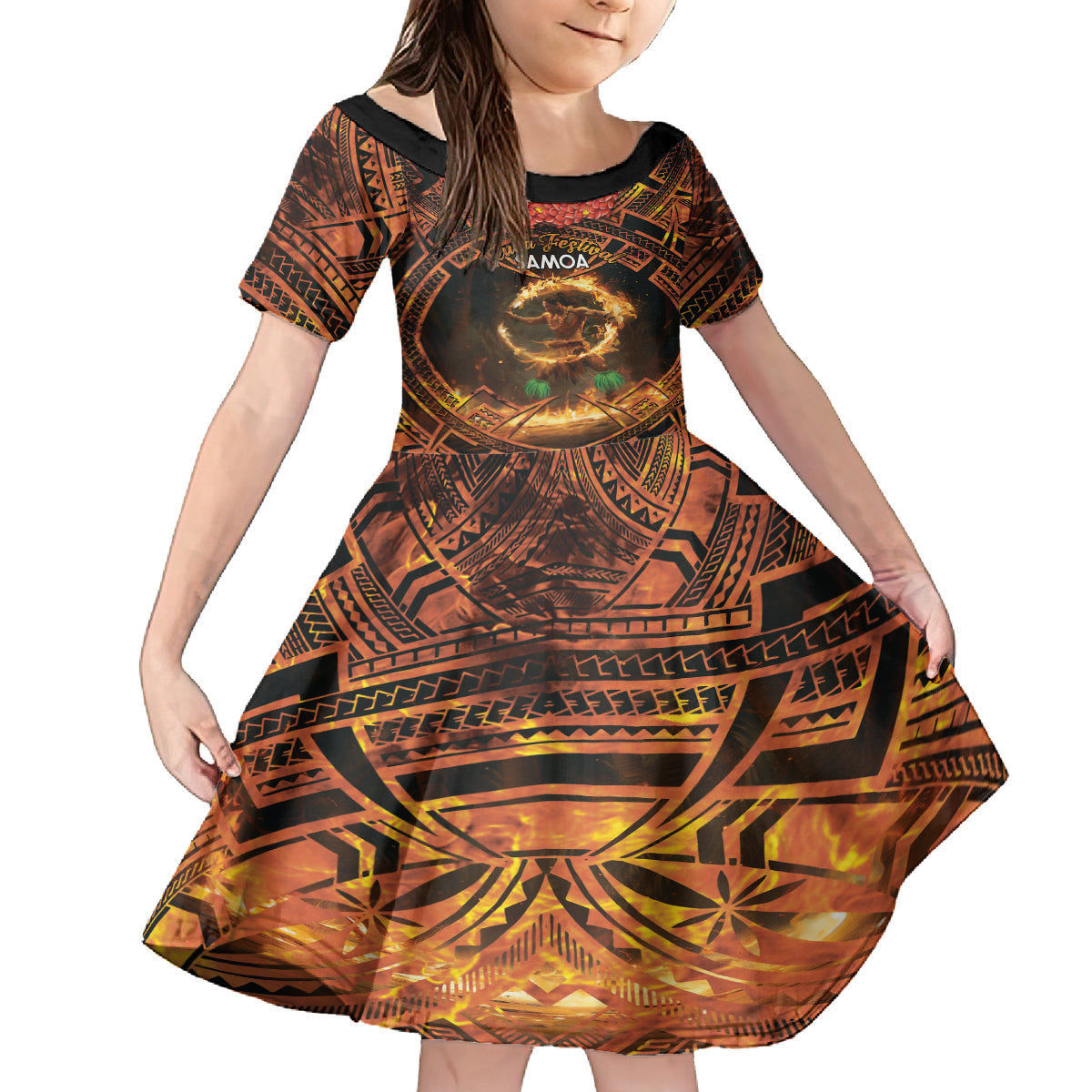 Samoa Teuila 2024 Festival Family Matching Off Shoulder Short Dress and Hawaiian Shirt Samoan Siva Afi With Red Gingers LT14 Daughter's Dress Black - Polynesian Pride