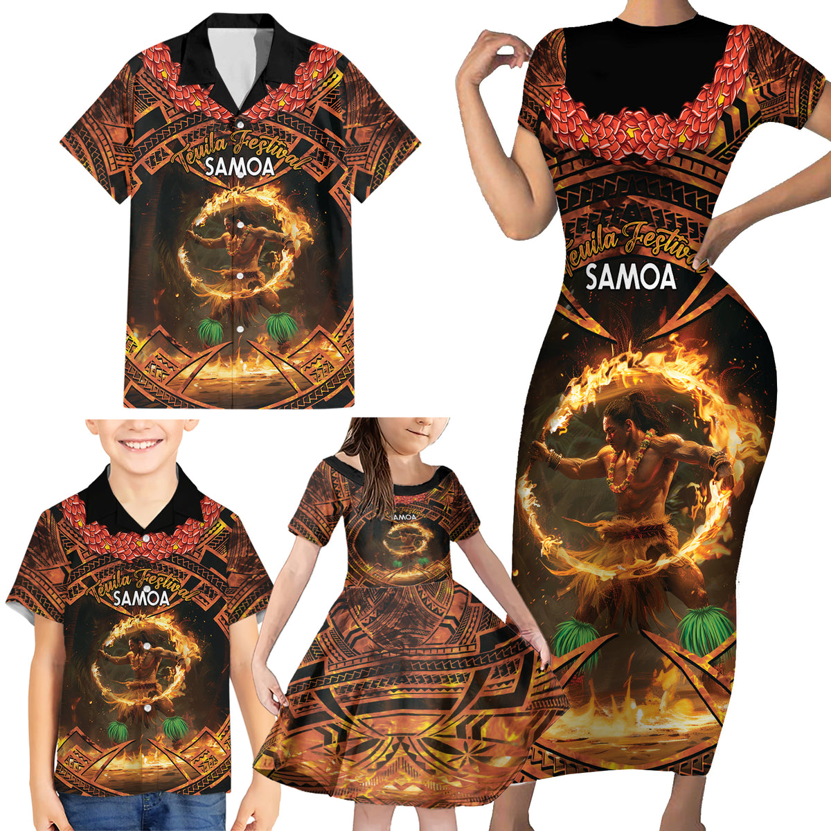 Samoa Teuila 2024 Festival Family Matching Short Sleeve Bodycon Dress and Hawaiian Shirt Samoan Siva Afi With Red Gingers LT14 - Polynesian Pride