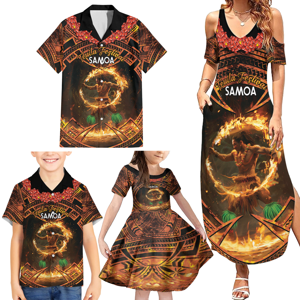 Samoa Teuila 2024 Festival Family Matching Summer Maxi Dress and Hawaiian Shirt Samoan Siva Afi With Red Gingers LT14 - Polynesian Pride