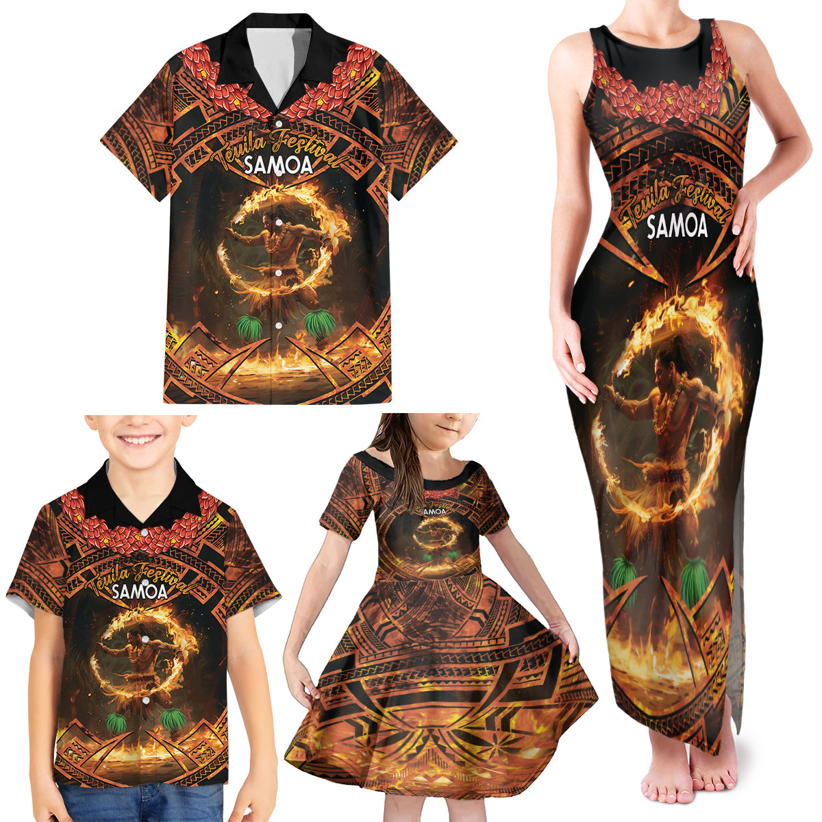 Samoa Teuila 2024 Festival Family Matching Tank Maxi Dress and Hawaiian Shirt Samoan Siva Afi With Red Gingers LT14 - Polynesian Pride
