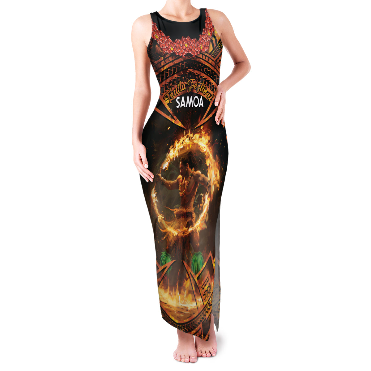 Samoa Teuila 2024 Festival Family Matching Tank Maxi Dress and Hawaiian Shirt Samoan Siva Afi With Red Gingers LT14 Mom's Dress Black - Polynesian Pride