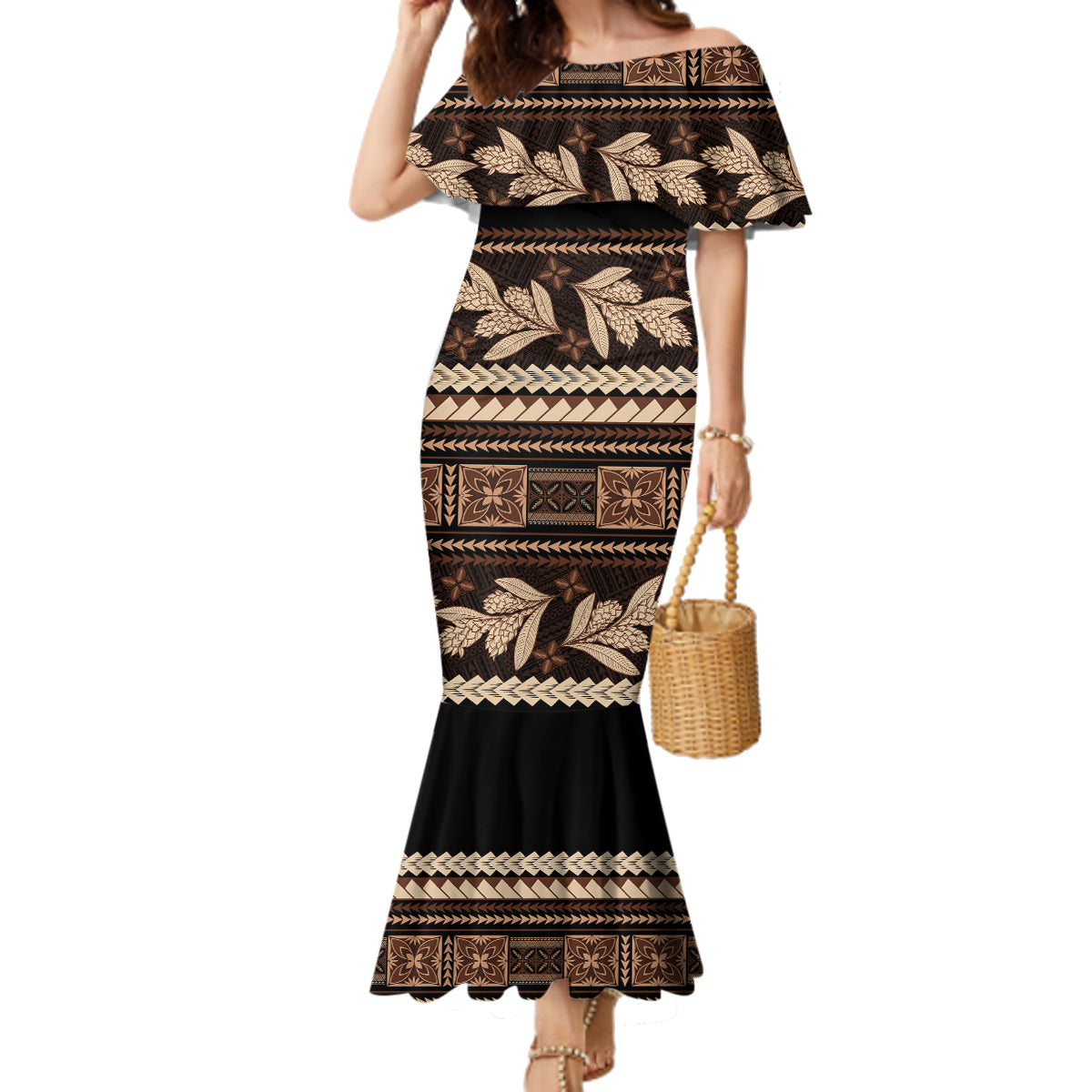 Black Samoa Siapo Teuila Flowers Family Matching Mermaid Dress and Hawaiian Shirt