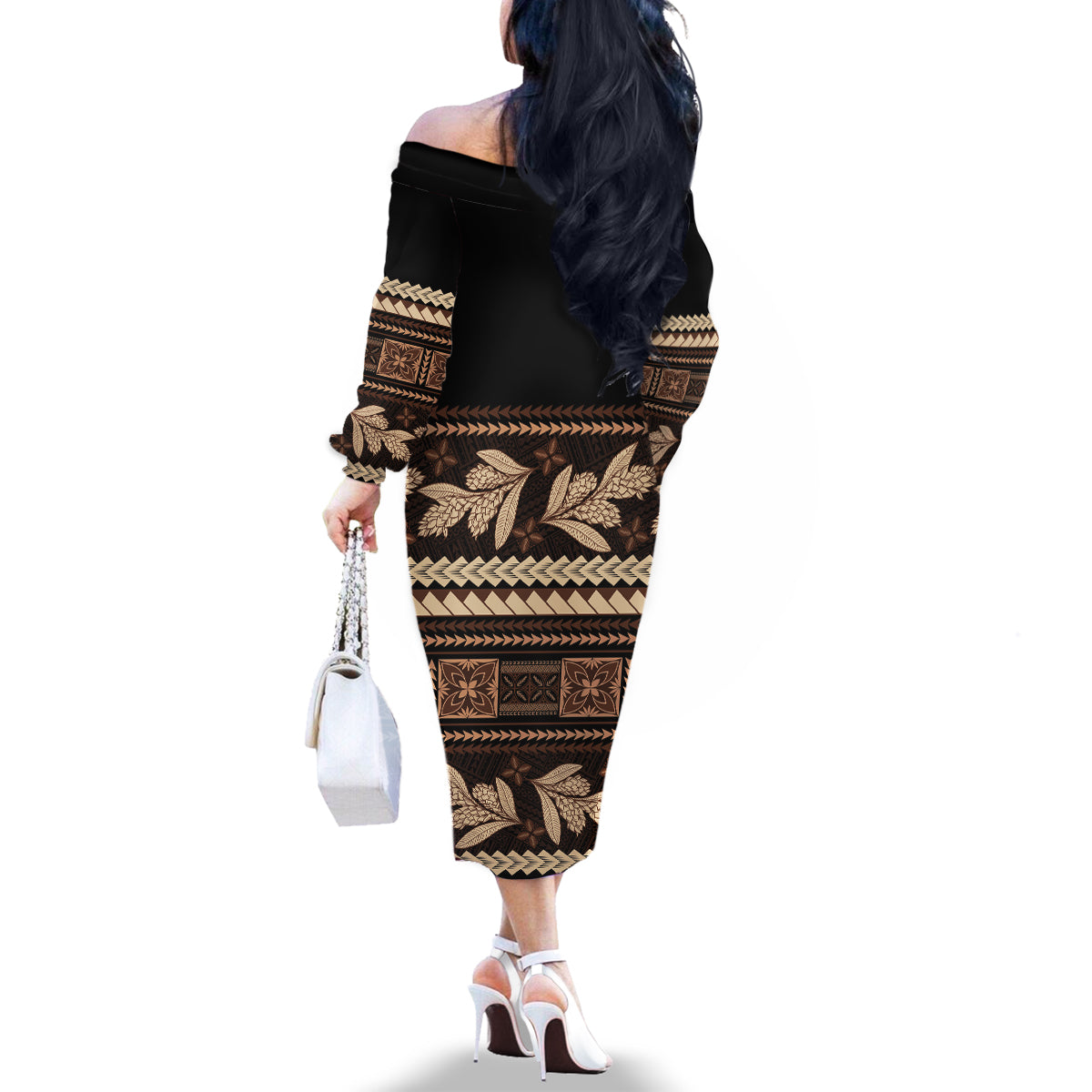 Black Samoa Siapo Teuila Flowers Family Matching Off The Shoulder Long Sleeve Dress and Hawaiian Shirt LT14 - Polynesian Pride