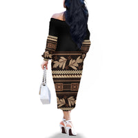 Black Samoa Siapo Teuila Flowers Family Matching Off The Shoulder Long Sleeve Dress and Hawaiian Shirt LT14 - Polynesian Pride