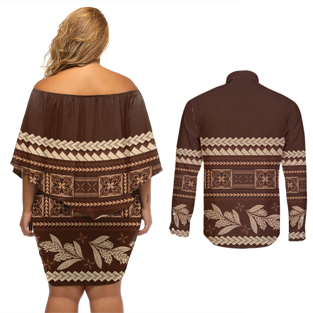 Brown Samoa Siapo Teuila Flowers Couples Matching Off Shoulder Short Dress and Long Sleeve Button Shirt