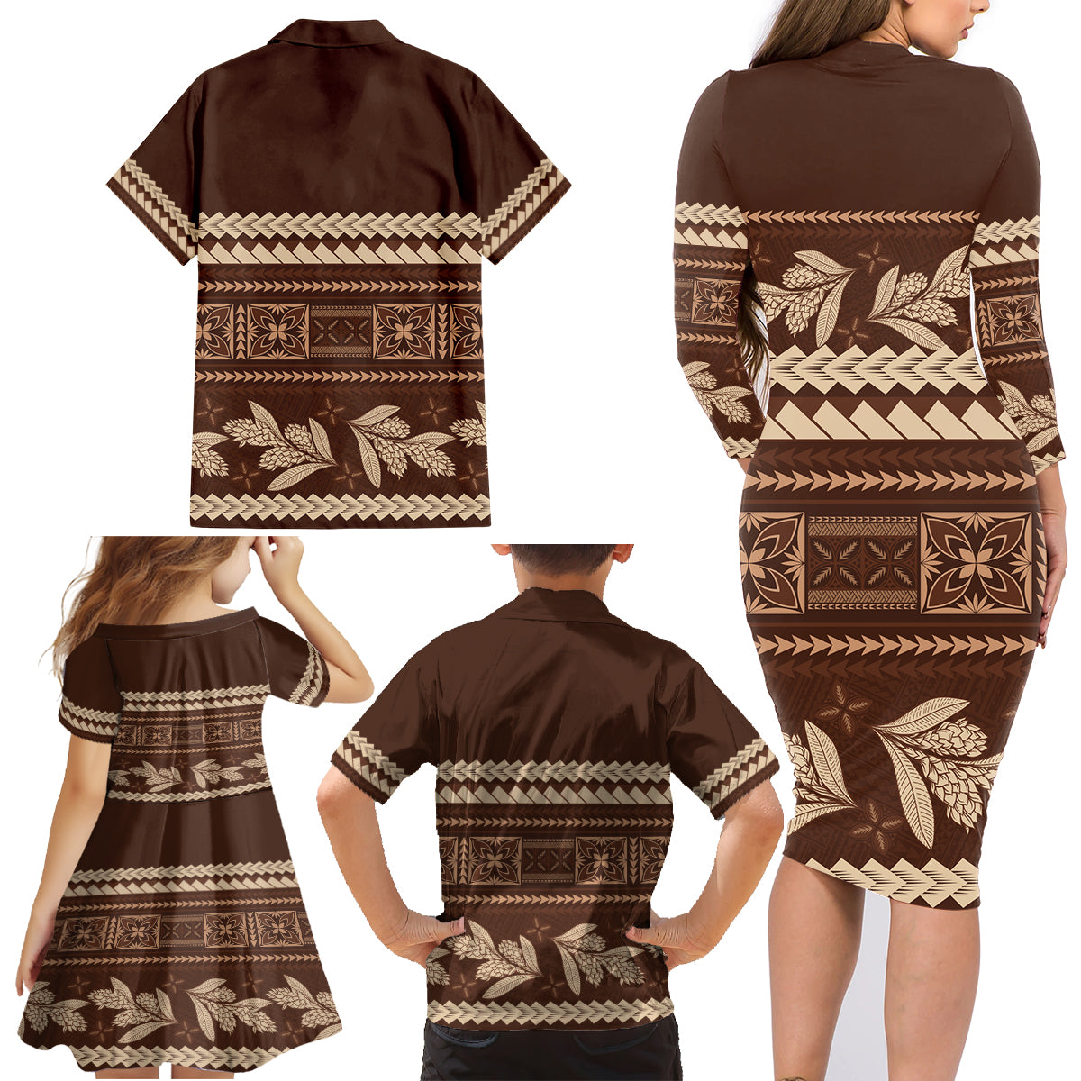 Brown Samoa Siapo Teuila Flowers Family Matching Long Sleeve Bodycon Dress and Hawaiian Shirt LT14 - Polynesian Pride
