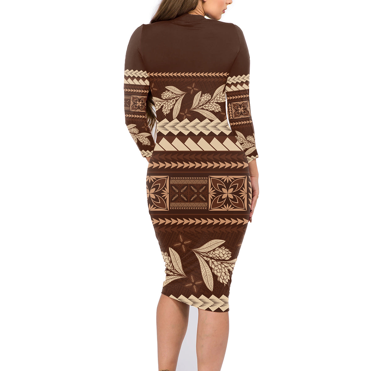 Brown Samoa Siapo Teuila Flowers Family Matching Long Sleeve Bodycon Dress and Hawaiian Shirt LT14 - Polynesian Pride