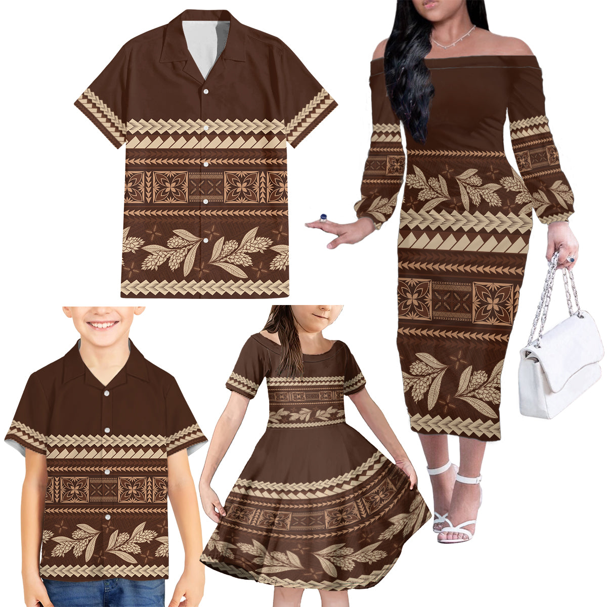 Brown Samoa Siapo Teuila Flowers Family Matching Off The Shoulder Long Sleeve Dress and Hawaiian Shirt LT14 - Polynesian Pride