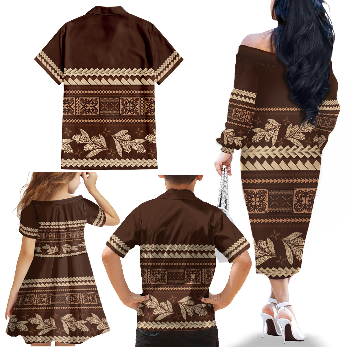 Brown Samoa Siapo Teuila Flowers Family Matching Off The Shoulder Long Sleeve Dress and Hawaiian Shirt LT14 - Polynesian Pride