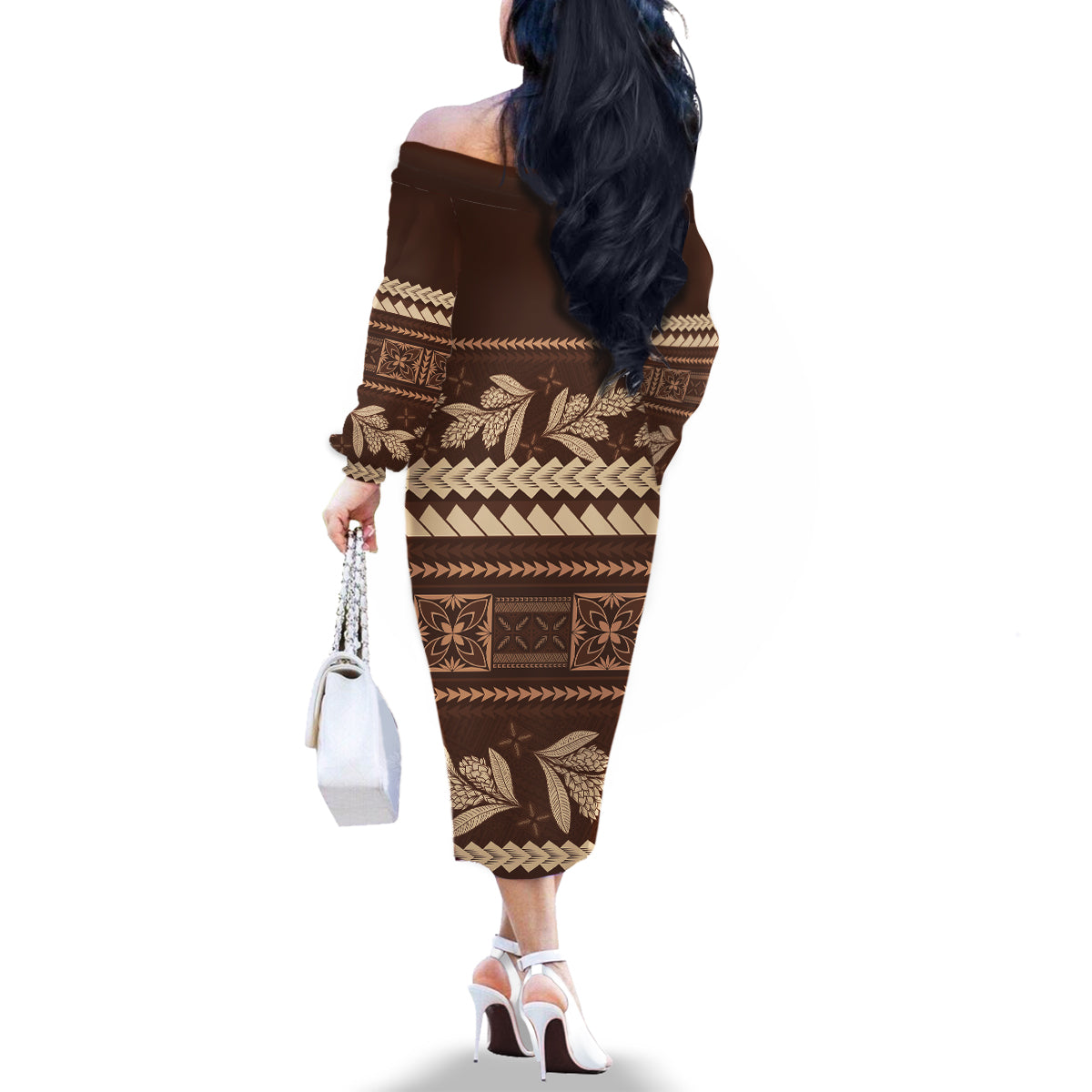Brown Samoa Siapo Teuila Flowers Family Matching Off The Shoulder Long Sleeve Dress and Hawaiian Shirt LT14 - Polynesian Pride