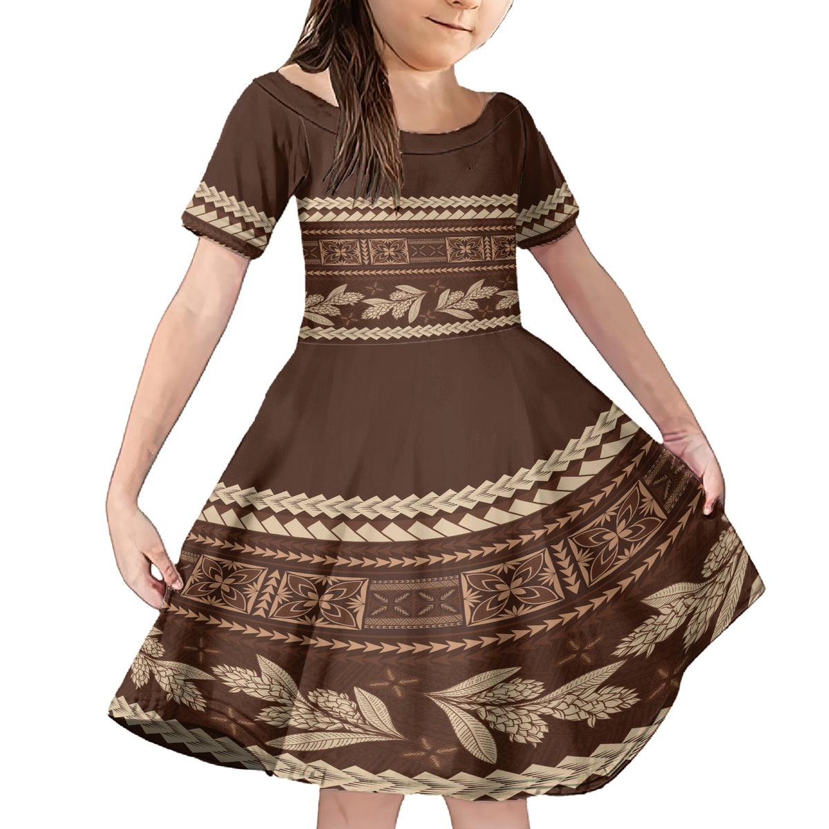 Brown Samoa Siapo Teuila Flowers Family Matching Short Sleeve Bodycon Dress and Hawaiian Shirt LT14 Daughter's Dress Brown - Polynesian Pride