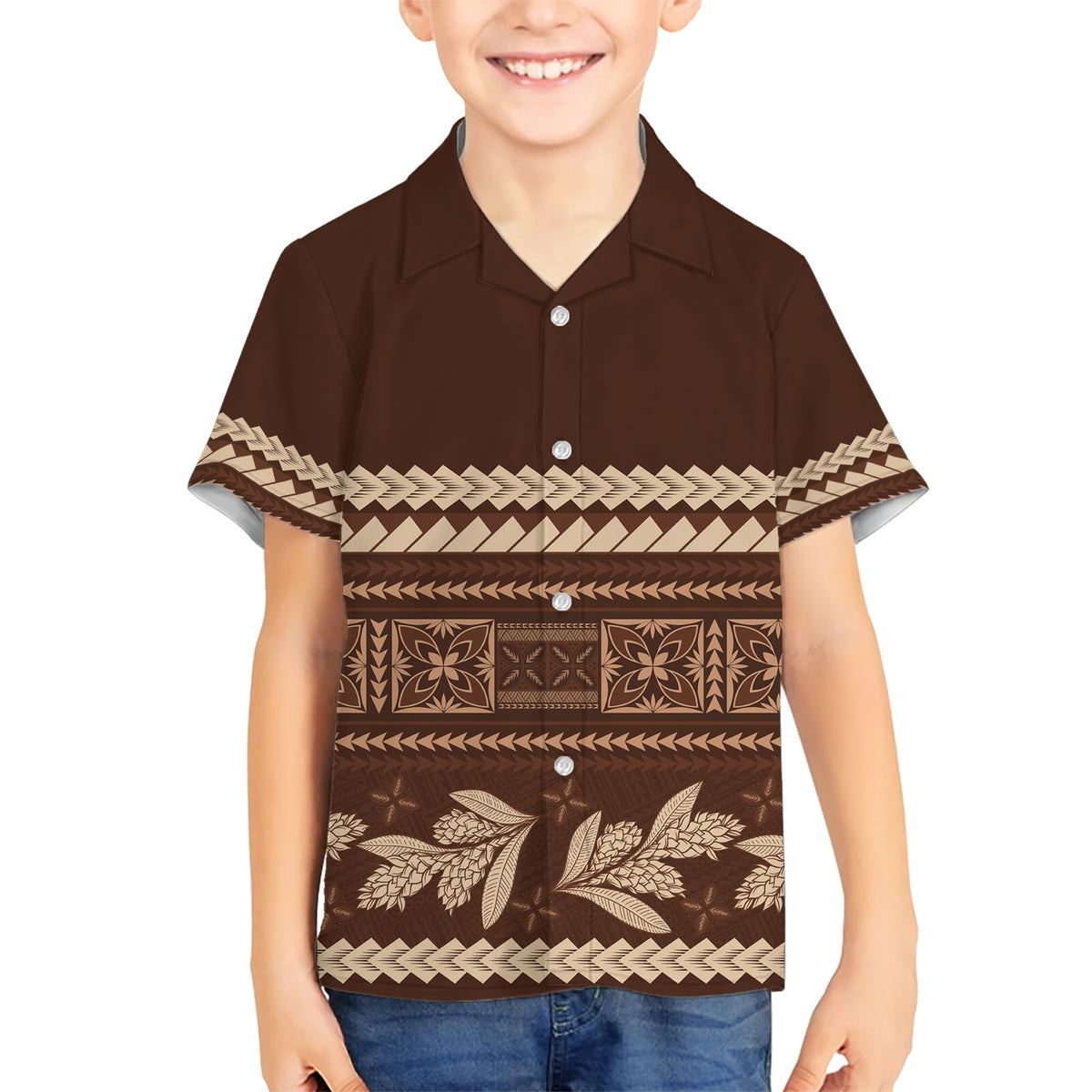 Brown Samoa Siapo Teuila Flowers Family Matching Short Sleeve Bodycon Dress and Hawaiian Shirt LT14 Son's Shirt Brown - Polynesian Pride