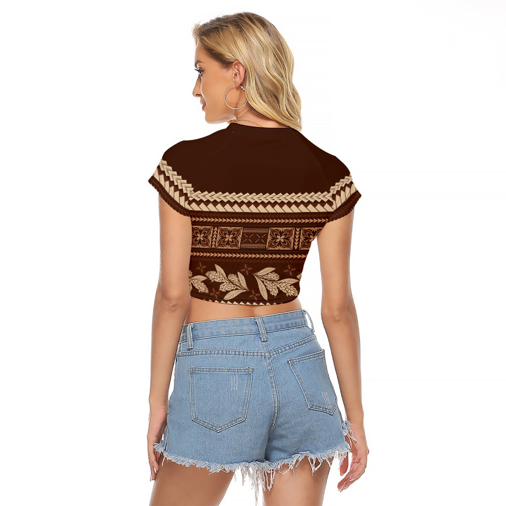 Brown Samoa Siapo Teuila Flowers Raglan Cropped T Shirt