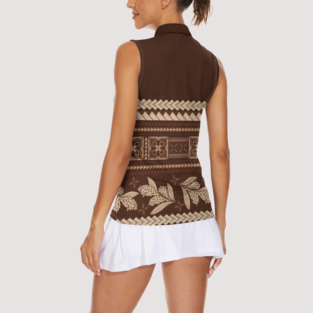 Brown Samoa Siapo Teuila Flowers Women Sleeveless Polo Shirt