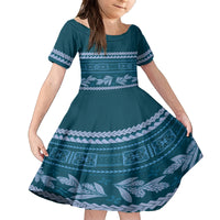 Dark Cyan Samoa Siapo Teuila Flowers Family Matching Long Sleeve Bodycon Dress and Hawaiian Shirt LT14 Daughter's Dress Dark Cyan - Polynesian Pride
