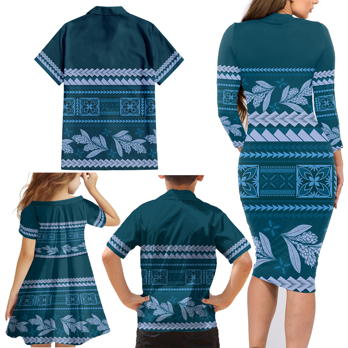 Dark Cyan Samoa Siapo Teuila Flowers Family Matching Long Sleeve Bodycon Dress and Hawaiian Shirt LT14 - Polynesian Pride