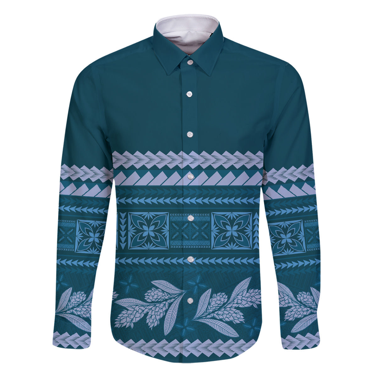 Dark Cyan Samoa Siapo Teuila Flowers Family Matching Long Sleeve Bodycon Dress and Hawaiian Shirt LT14 Dad's Shirt - Long Sleeve Dark Cyan - Polynesian Pride