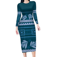 Dark Cyan Samoa Siapo Teuila Flowers Family Matching Long Sleeve Bodycon Dress and Hawaiian Shirt LT14 Mom's Dress Dark Cyan - Polynesian Pride
