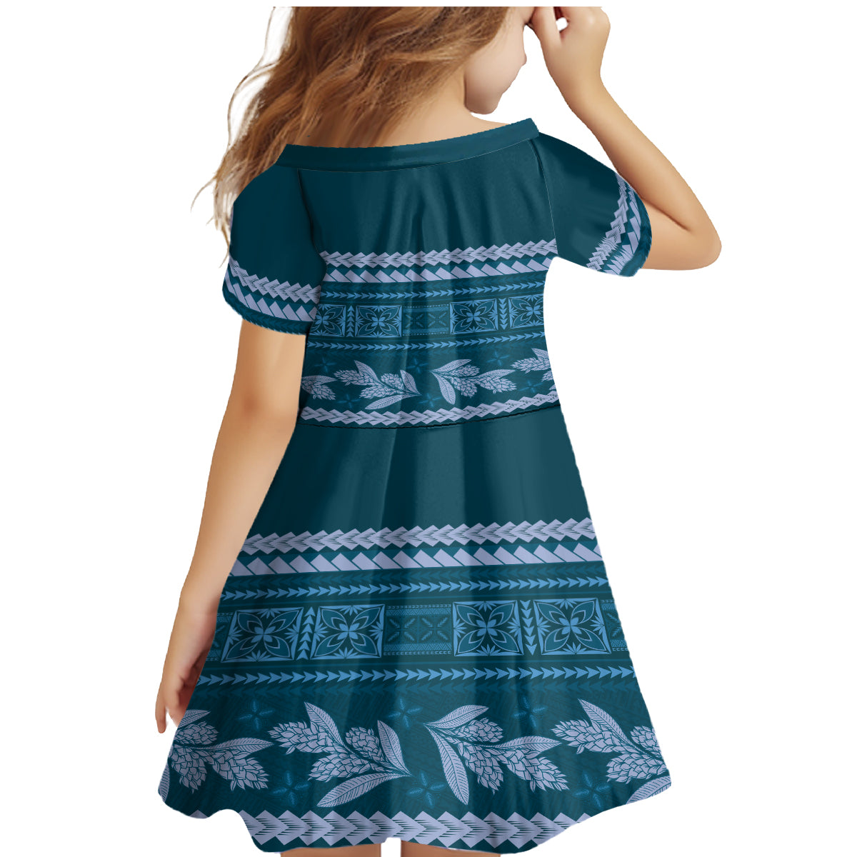 Dark Cyan Samoa Siapo Teuila Flowers Family Matching Mermaid Dress and Hawaiian Shirt LT14 - Polynesian Pride
