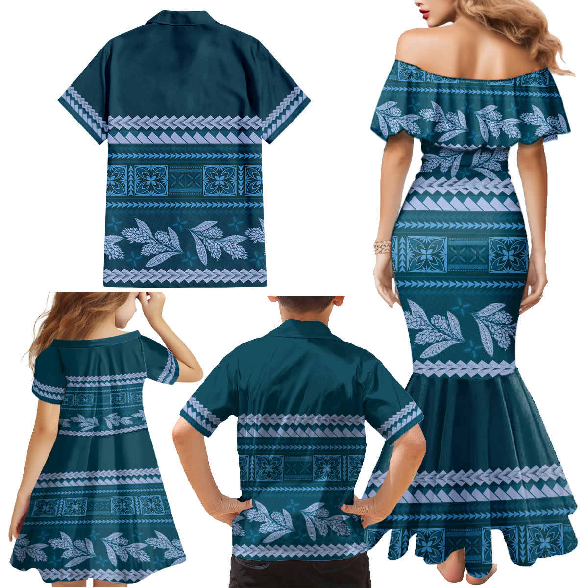 Dark Cyan Samoa Siapo Teuila Flowers Family Matching Mermaid Dress and Hawaiian Shirt LT14 - Polynesian Pride
