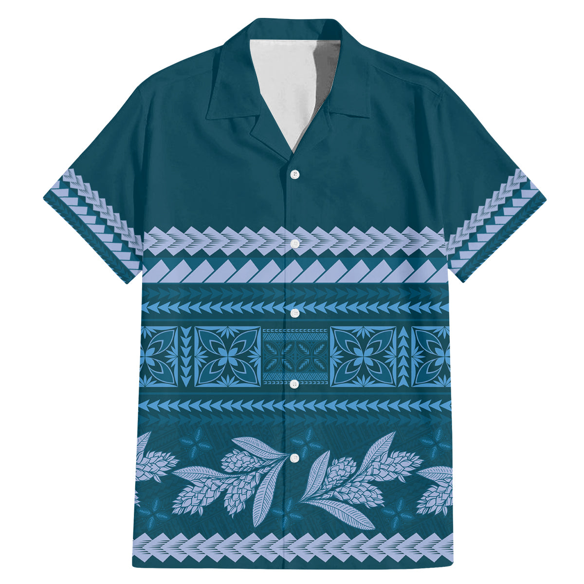 Dark Cyan Samoa Siapo Teuila Flowers Family Matching Mermaid Dress and Hawaiian Shirt LT14 Dad's Shirt - Short Sleeve Dark Cyan - Polynesian Pride