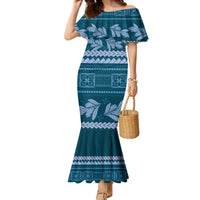 Dark Cyan Samoa Siapo Teuila Flowers Family Matching Mermaid Dress and Hawaiian Shirt LT14 Mom's Dress Dark Cyan - Polynesian Pride