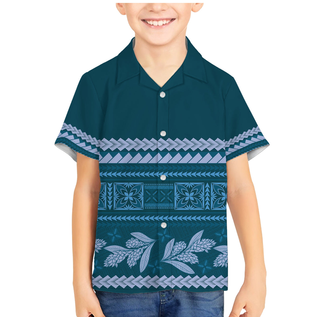 Dark Cyan Samoa Siapo Teuila Flowers Family Matching Mermaid Dress and Hawaiian Shirt LT14 Son's Shirt Dark Cyan - Polynesian Pride