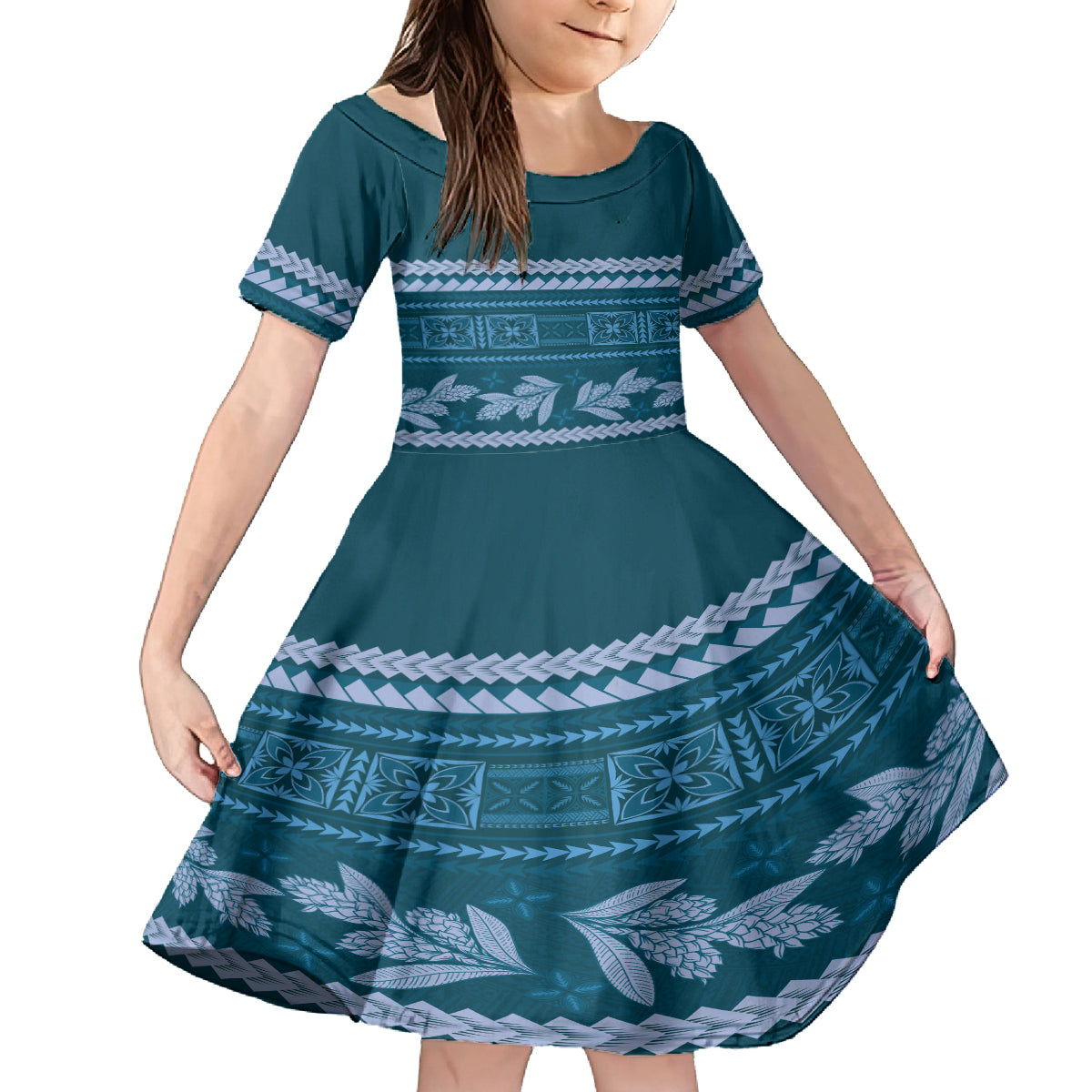 Dark Cyan Samoa Siapo Teuila Flowers Family Matching Off The Shoulder Long Sleeve Dress and Hawaiian Shirt LT14 Daughter's Dress Dark Cyan - Polynesian Pride