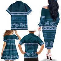Dark Cyan Samoa Siapo Teuila Flowers Family Matching Off The Shoulder Long Sleeve Dress and Hawaiian Shirt LT14 - Polynesian Pride