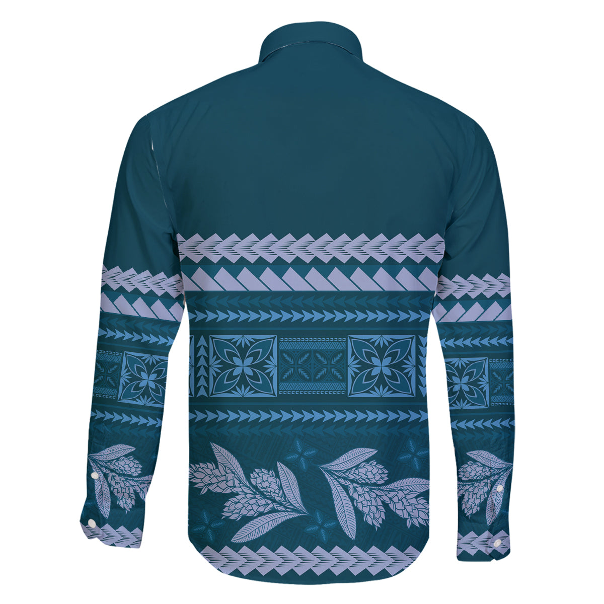 Dark Cyan Samoa Siapo Teuila Flowers Family Matching Off The Shoulder Long Sleeve Dress and Hawaiian Shirt LT14 - Polynesian Pride