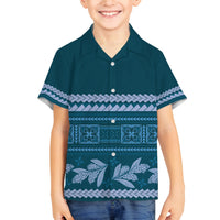 Dark Cyan Samoa Siapo Teuila Flowers Family Matching Off Shoulder Short Dress and Hawaiian Shirt