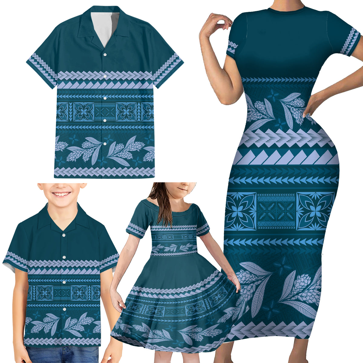 Dark Cyan Samoa Siapo Teuila Flowers Family Matching Short Sleeve Bodycon Dress and Hawaiian Shirt LT14 - Polynesian Pride