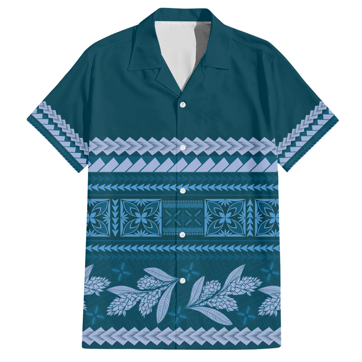 Dark Cyan Samoa Siapo Teuila Flowers Family Matching Short Sleeve Bodycon Dress and Hawaiian Shirt LT14 Dad's Shirt - Short Sleeve Dark Cyan - Polynesian Pride