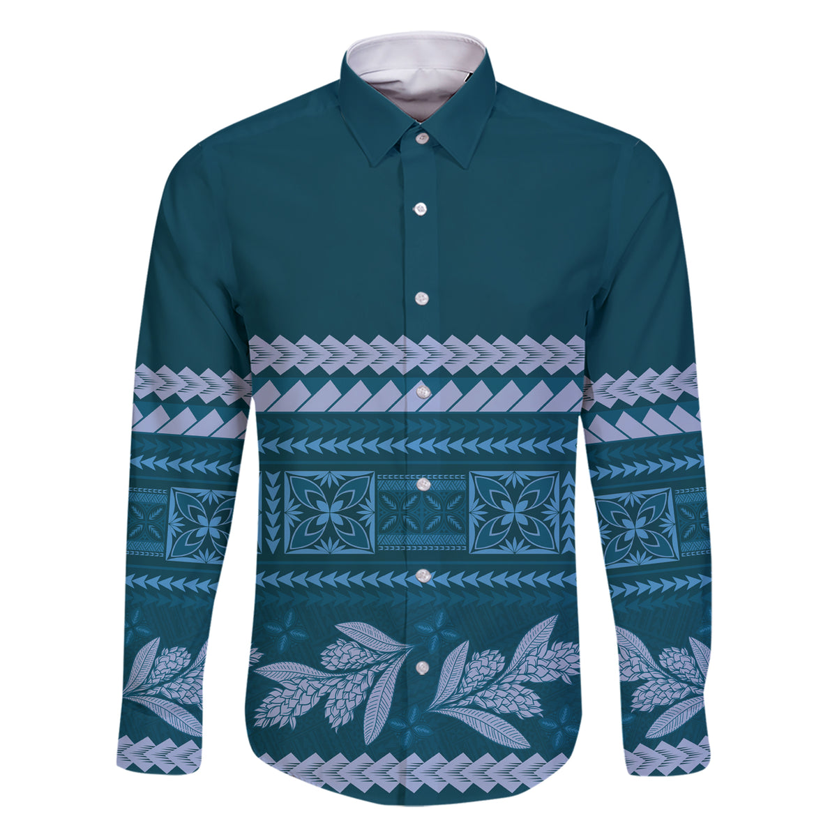 Dark Cyan Samoa Siapo Teuila Flowers Family Matching Short Sleeve Bodycon Dress and Hawaiian Shirt LT14 Dad's Shirt - Long Sleeve Dark Cyan - Polynesian Pride