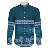 Dark Cyan Samoa Siapo Teuila Flowers Family Matching Short Sleeve Bodycon Dress and Hawaiian Shirt LT14 Dad's Shirt - Long Sleeve Dark Cyan - Polynesian Pride