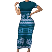 Dark Cyan Samoa Siapo Teuila Flowers Family Matching Short Sleeve Bodycon Dress and Hawaiian Shirt LT14 Mom's Dress Dark Cyan - Polynesian Pride