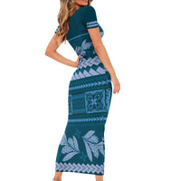 Dark Cyan Samoa Siapo Teuila Flowers Family Matching Short Sleeve Bodycon Dress and Hawaiian Shirt LT14 - Polynesian Pride
