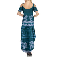 Dark Cyan Samoa Siapo Teuila Flowers Family Matching Summer Maxi Dress and Hawaiian Shirt