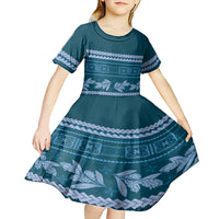 Dark Cyan Samoa Siapo Teuila Flowers Kid Short Sleeve Dress