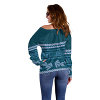 Dark Cyan Samoa Siapo Teuila Flowers Off Shoulder Sweater