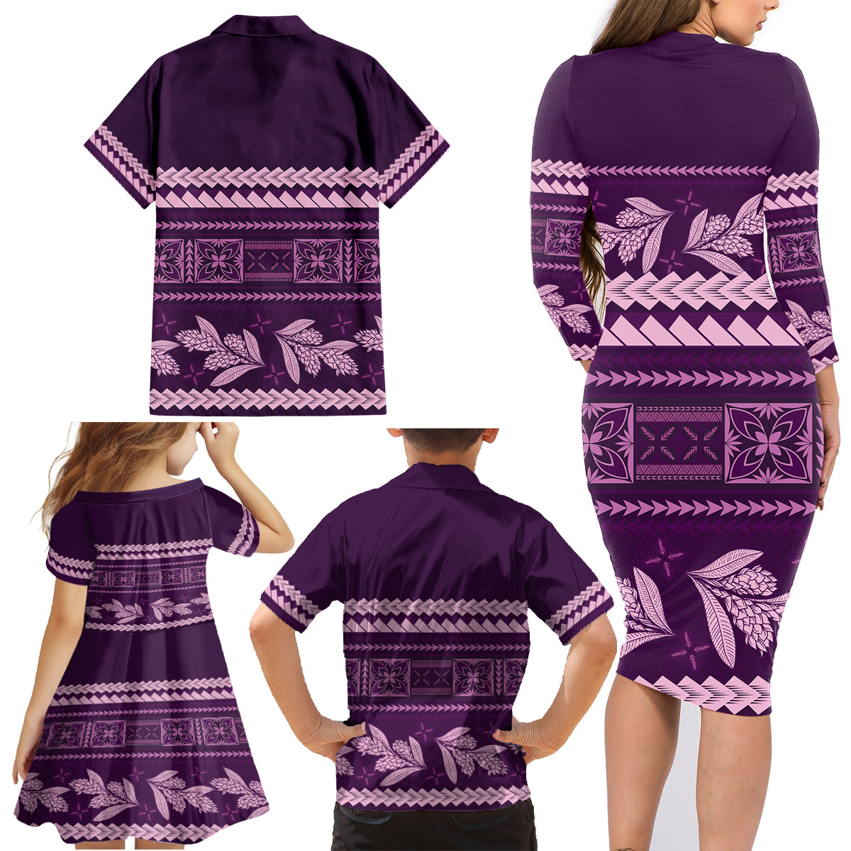 Purple Samoa Siapo Teuila Flowers Family Matching Long Sleeve Bodycon Dress and Hawaiian Shirt LT14 - Polynesian Pride