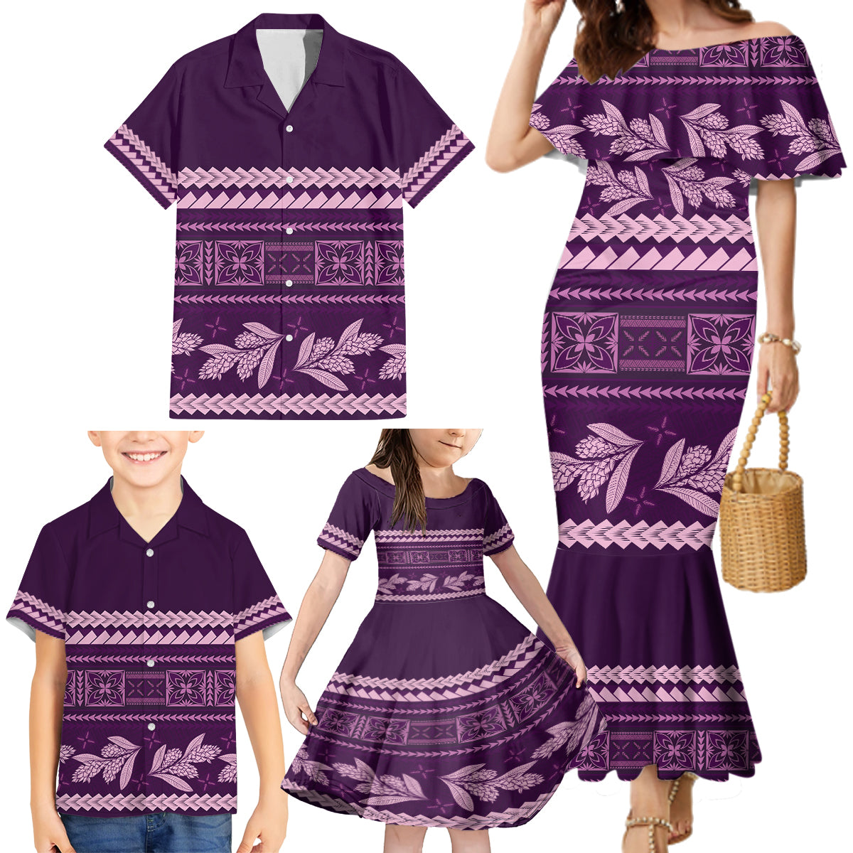 Purple Samoa Siapo Teuila Flowers Family Matching Mermaid Dress and Hawaiian Shirt LT14 - Polynesian Pride
